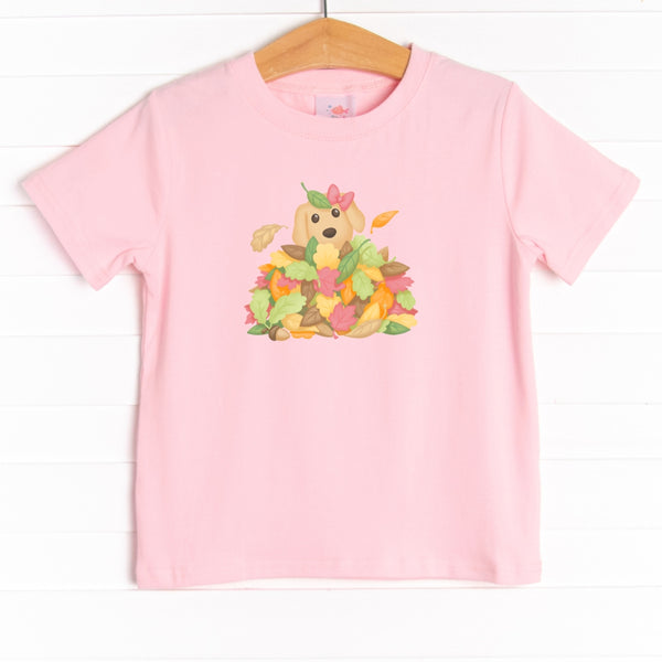 This shirt features four colors: Ballerina Pink, Soft Blue, White, and Heather Gray with a puppy and leaves graphic.