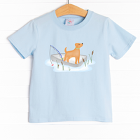 This shirt is featured in four colors; White, Heather Gray, Ballerina Pink, and Soft Blue with a dog fishing graphic.