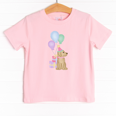  This shirt is featured in four colors: White, Heather Gray, Ballerina Pink, and Soft Blue with a party puppy graphic. 