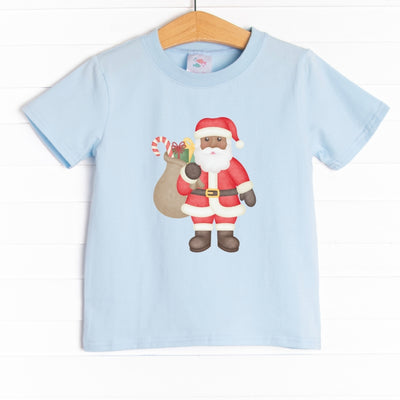 The tee is featured in four colors: Heather Gray, Ballerina Pink, Soft Blue , and White with a santa graphic.