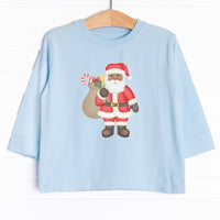 The tee is featured in five colors: Heather Gray, Ballerina Pink, Soft Blue, Navy Blue , and White with a santa graphic.