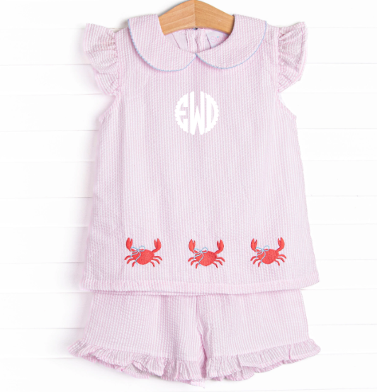 Crab Walk Cutie Embroidered Short Set, Pink Seersucker
