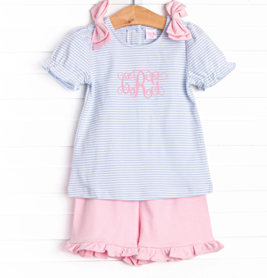 Saddler Pima Ruffle Short Set, Pink and Light Blue Stripe