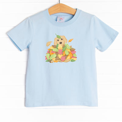 This shirt features three colors: Soft Blue, White, and Heather Gray with a puppy and leaves graphic.