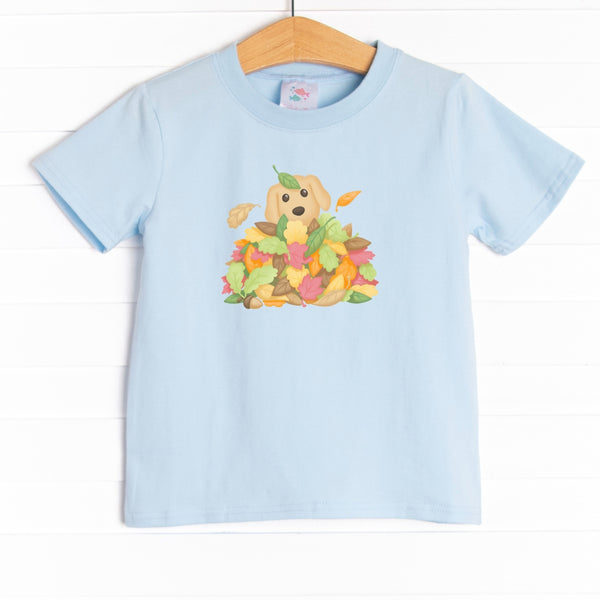 This shirt features three colors: Soft Blue, White, and Heather Gray with a puppy and leaves graphic.