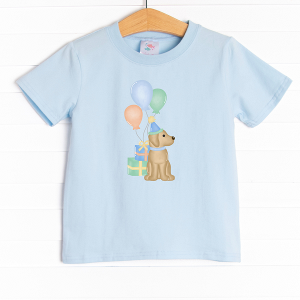  This shirt is featured in three colors: White, Heather Gray, and Soft Blue with a party puppy graphic. 