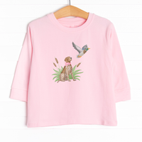 This long sleeve tee is featured in 4 colors: Ballerina Pink, White, Heather Gray, and Soft Blue with a hunting puppy graphic.