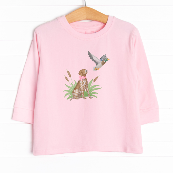 This long sleeve tee is featured in 4 colors: Ballerina Pink, White, Heather Gray, and Soft Blue with a hunting puppy graphic.