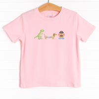 The tee is featured in four colors: Gray, Soft Blue, Ballerina Pink, and White.