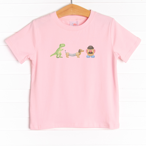 The tee is featured in four colors: Gray, Soft Blue, Ballerina Pink, and White.