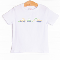 The shirt is featured in three colors; White, Heather Gray, and Soft Blue with a construction graphic. 