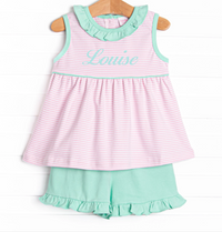 Louise Pima Ruffle Short Set, Mint and Light Pink Stripe