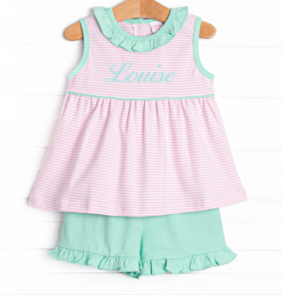 Louise Pima Ruffle Short Set, Mint and Light Pink Stripe