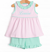 Louise Pima Ruffle Short Set, Mint and Light Pink Stripe