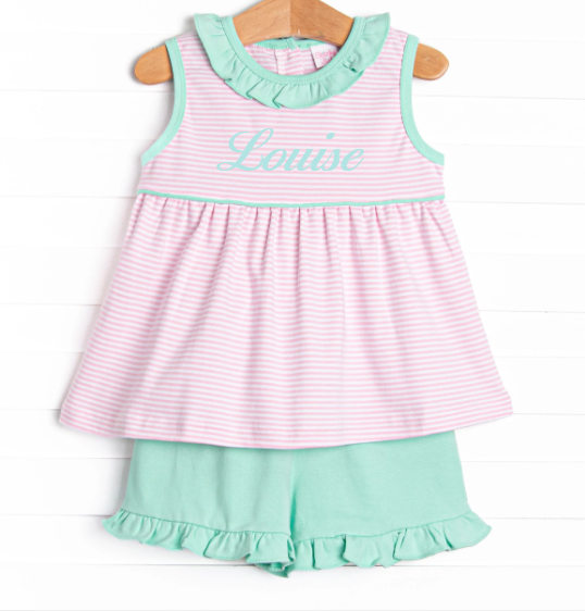Louise Pima Ruffle Short Set, Mint and Light Pink Stripe