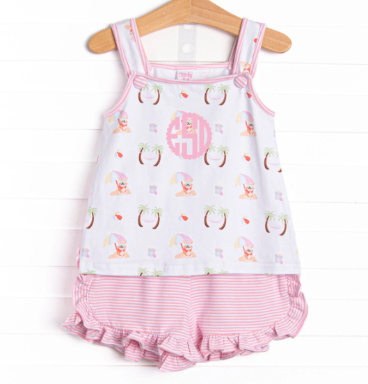 Corgi on the Coast Ruffle Short Set, Pink