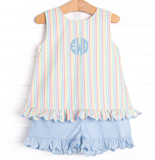 Rainbow Waves Ruffle Short Set, Blue