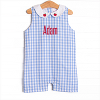 A+ Apple Embroidered Short Romper, Blue