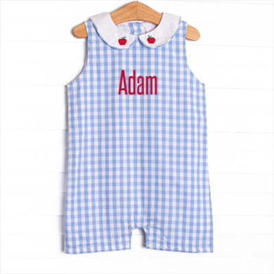 A+ Apple Embroidered Short Romper, Blue
