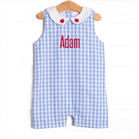 A+ Apple Embroidered Short Romper, Blue