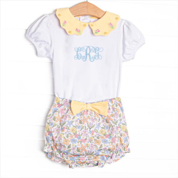 Abundant Blooms Embroidered Collared Diaper Set, Yellow