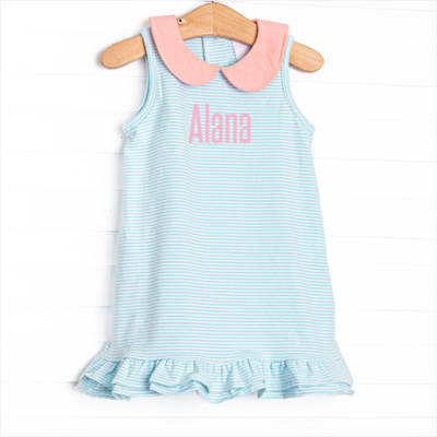 Alana Ruffle Dress, Peach and Aqua Stripe
