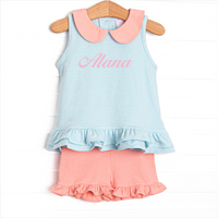Alana Ruffle Short Set, Peach and Aqua Stripe