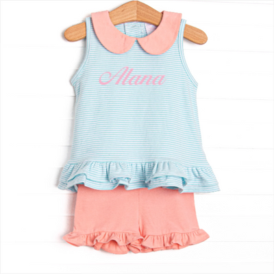 Alana Ruffle Short Set, Peach and Aqua Stripe