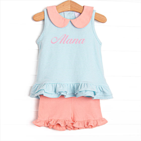 Alana Ruffle Short Set, Peach and Aqua Stripe
