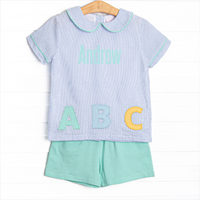 Alphabet Adventures Applique Collared Short Set, Blue Seersucker