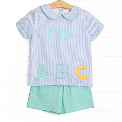 Alphabet Adventures Applique Collared Short Set, Blue Seersucker