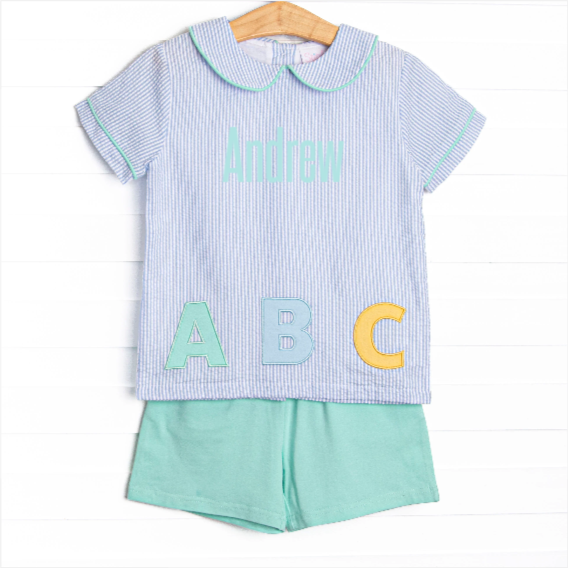 Alphabet Adventures Applique Collared Short Set, Blue Seersucker