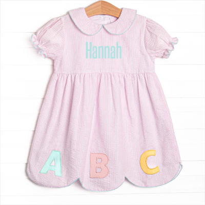 Alphabet Adventures Applique Scalloped Dress, Pink Seersucker