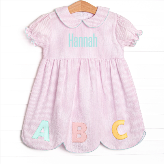 Alphabet Adventures Applique Scalloped Dress, Pink Seersucker