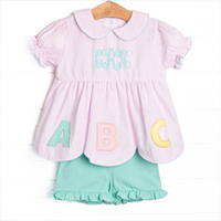 Alphabet Adventures Applique Scalloped Short Set, Pink Seersucker
