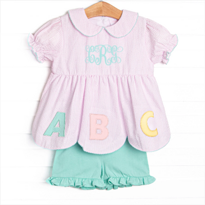 Alphabet Adventures Applique Scalloped Short Set, Pink Seersucker