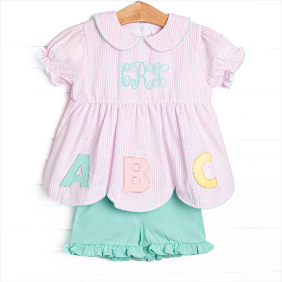 Alphabet Adventures Applique Scalloped Short Set, Pink Seersucker
