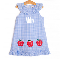 Apples to Apples Applique Ruffle Dress, Blue