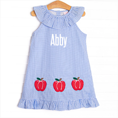 Apples to Apples Applique Ruffle Dress, Blue