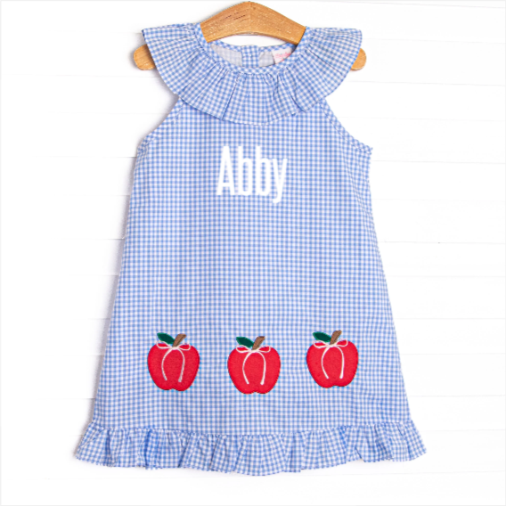 Apples to Apples Applique Ruffle Dress, Blue