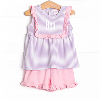 Bea Pima Ruffle Short Set, Pink and Purple Stripe