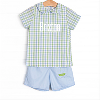 Bleu: Brixton Bay Embroidered Short Set, Blue and Green Plaid