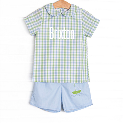 Bleu: Brixton Bay Embroidered Short Set, Blue and Green Plaid