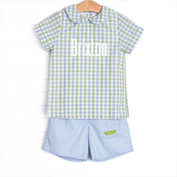 Bleu: Brixton Bay Embroidered Short Set, Blue and Green Plaid