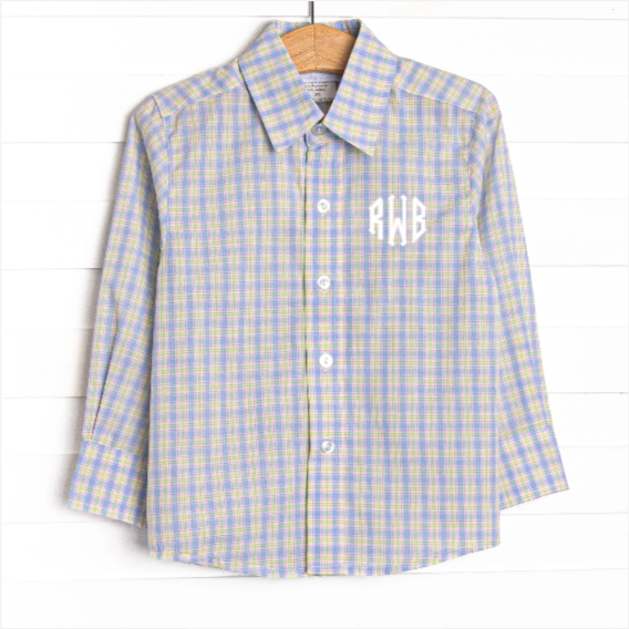 Bleu: Conrad Classic Button-Up Shirt, Light Blue and Green Plaid