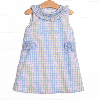 Bleu: Corinne Smocked Dress, Light Blue and Green Plaid