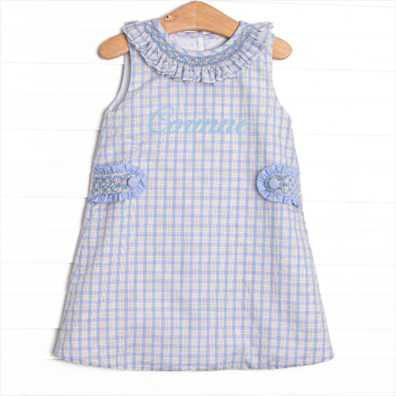 Bleu: Corinne Smocked Dress, Light Blue and Green Plaid