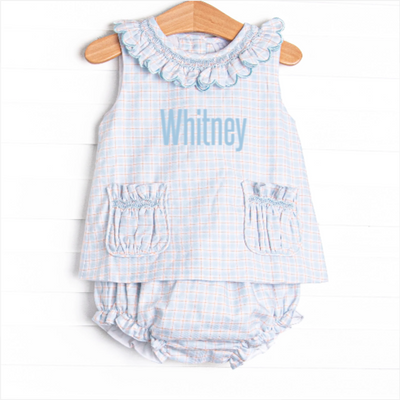 Bleu: Greer Smocked Diaper Set, Blue Plaid