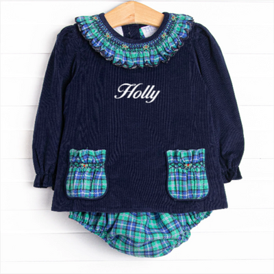 Bleu: Harper Holly Smocked Long Sleeve Diaper Set, Blue and Green Plaid
