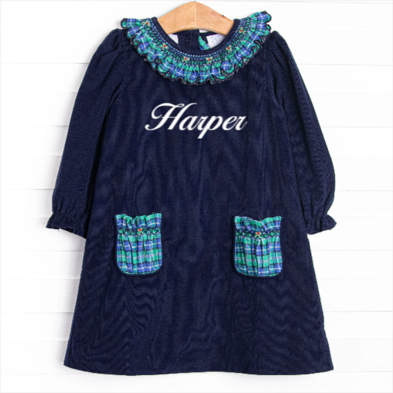 Bleu: Harper Holly Smocked Long Sleeve Dress, Blue and Green Plaid